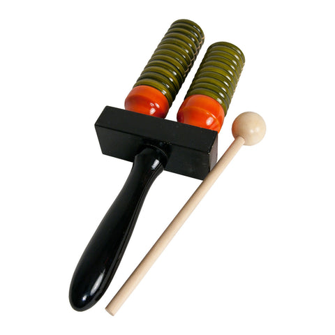 DOBANI Wooden Double Bell Agogo w/ Mallet - 9.5 x 3.3-inch- Green & Orange