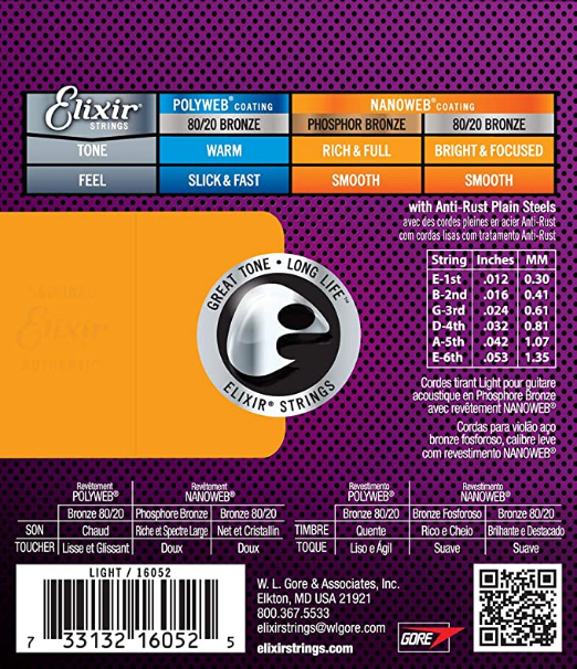 Elixir - Acoustic Guitar Strings - #16052 - Light .012-.053