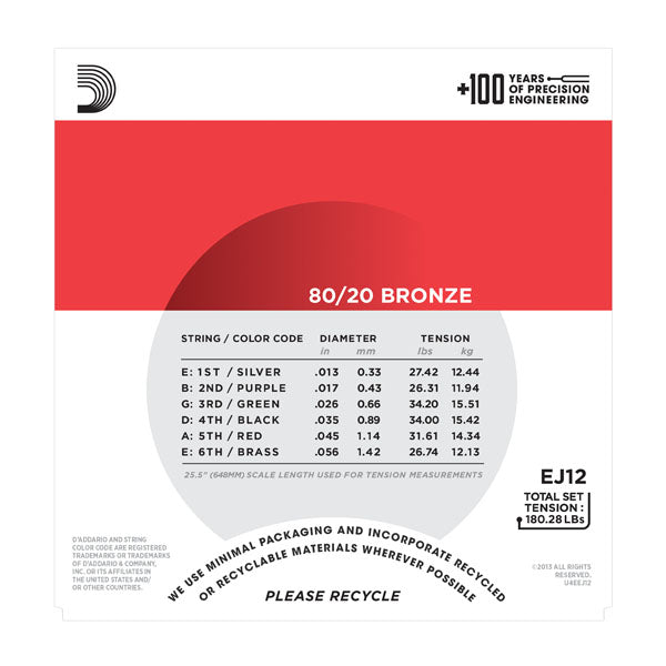 D'Addario - Acoustic Guitar Strings #EJ12 - 80/20 Bronze - Medium Gauge
