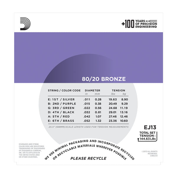 D'Addario - Acoustic Guitar Strings #EJ13 - 80/20 Bronze - Custom Light Gauge