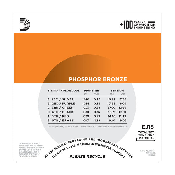 D'Addario - Acoustic Guitar Strings #EJ15 - Phosphor Bronze - Extra Light Gauge