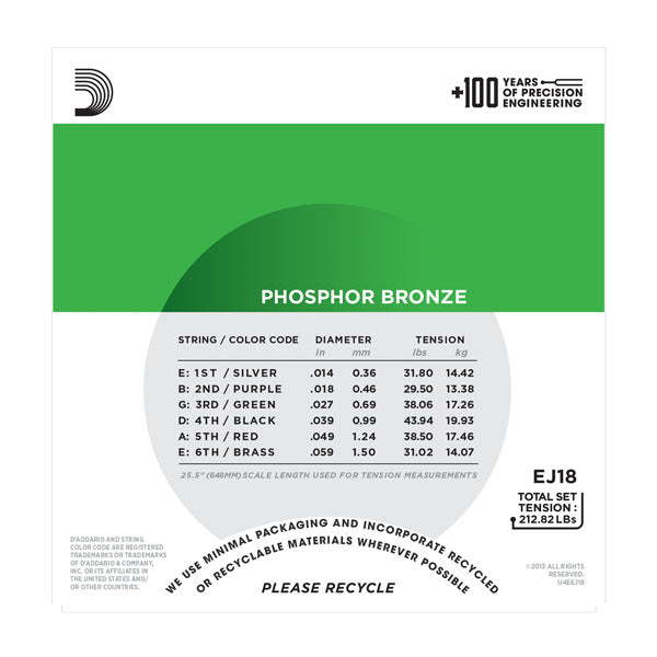 D'Addario - Acoustic Guitar Strings #EJ18 - Phosphor Bronze - Heavy Gauge