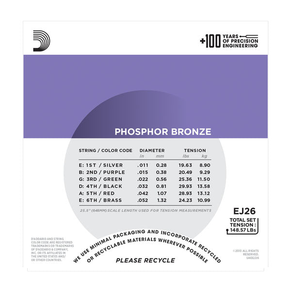 D'Addario - Acoustic Guitar Strings #EJ26 - Phosphor Bronze - Custom Light Gauge