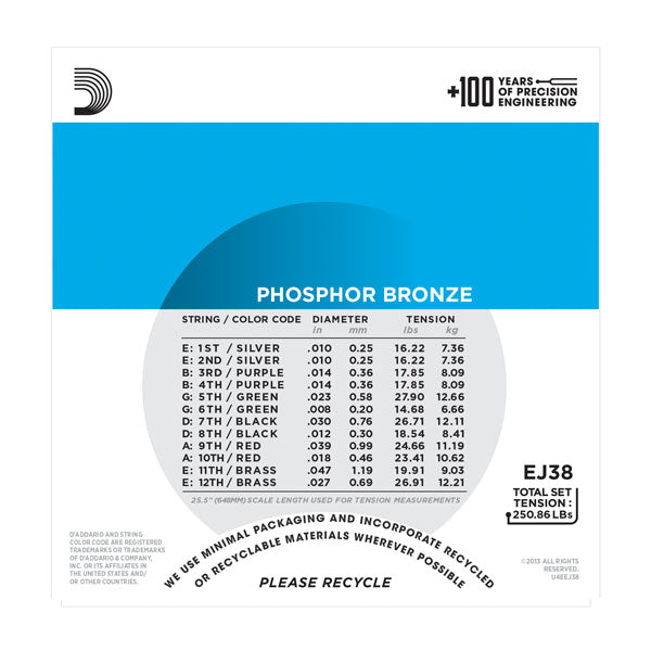 D'Addario - 12 String Acoustic Guitar Strings #EJ38 - Phosphor Bronze