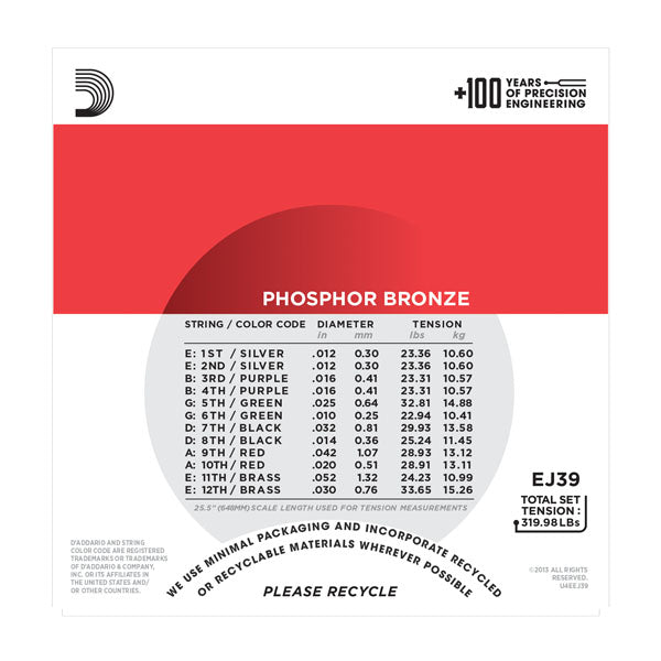 D'Addario - 12 String Acoustic Guitar Strings #EJ39 - Phosphor Bronze