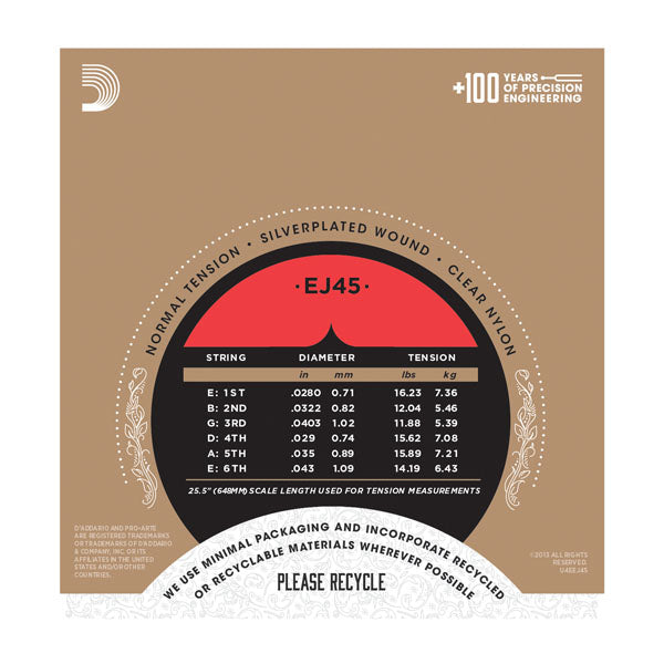 D'Addario- Classical Acoustic Guitar Strings "Pro-Arte'" #EJ45 - Silverplated - Normal Tension