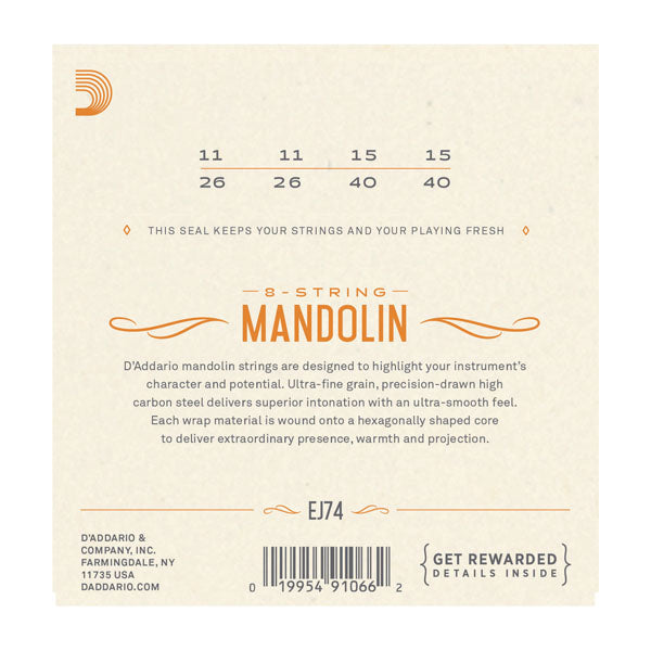 D'Addario - Mandolin Strings #EJ74 - Phosphor Bronze - Medium Loop End