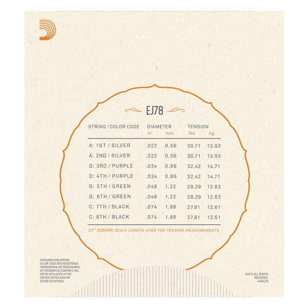 D'Addario - EJ78 - Medium - Phospher Bronze Mandocello Strings